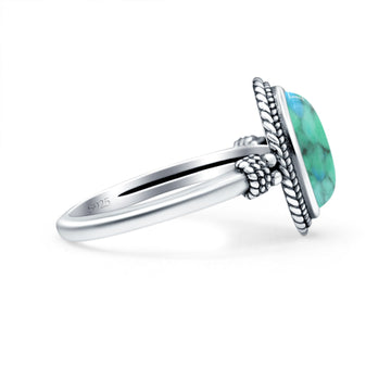 Petite Dainty Vintage Style Simulated Turquoise Ring Solid Oval Oxidized 925 Sterling Silver